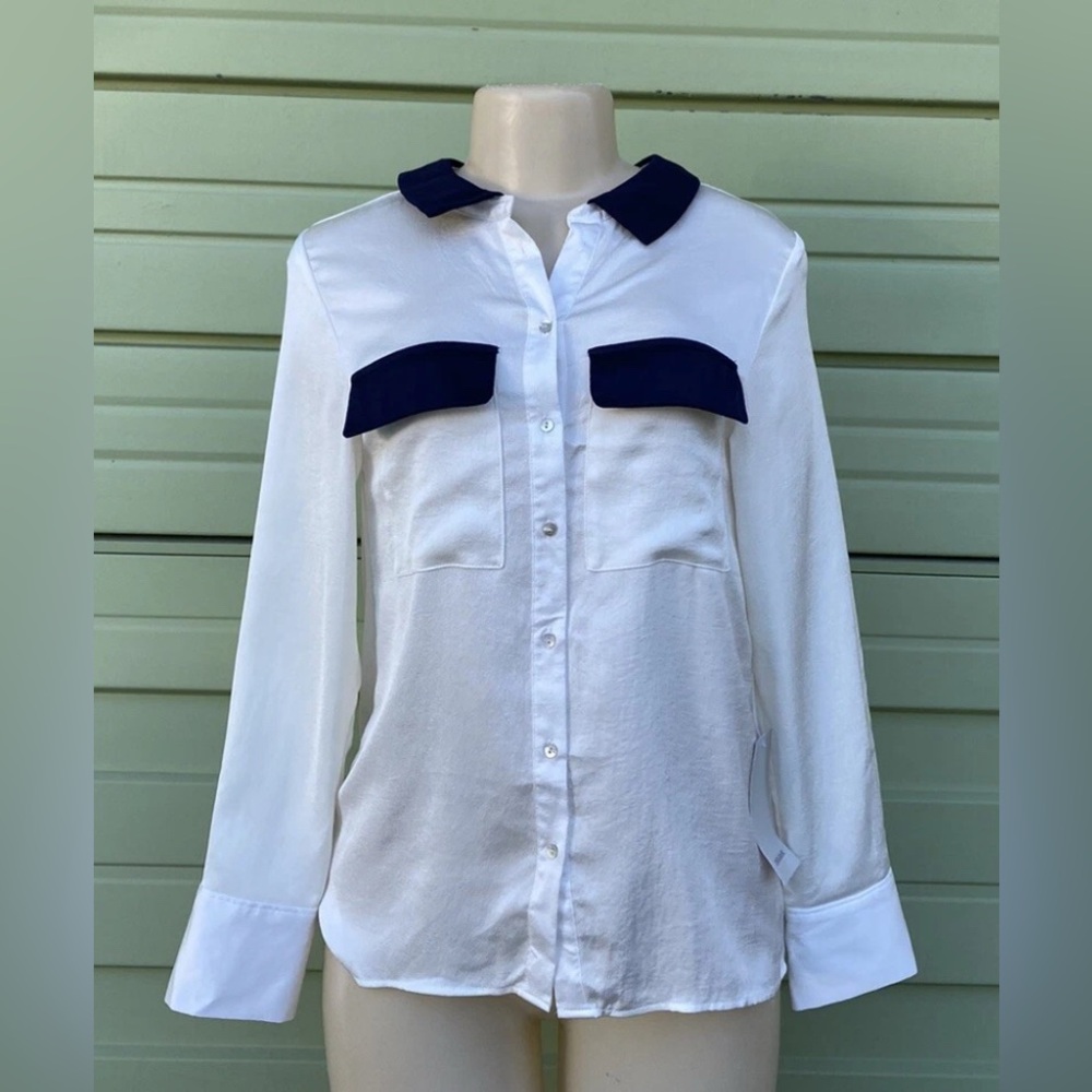 Zara Basic Ecru Block Pocket Button Down Long Sle… - image 1